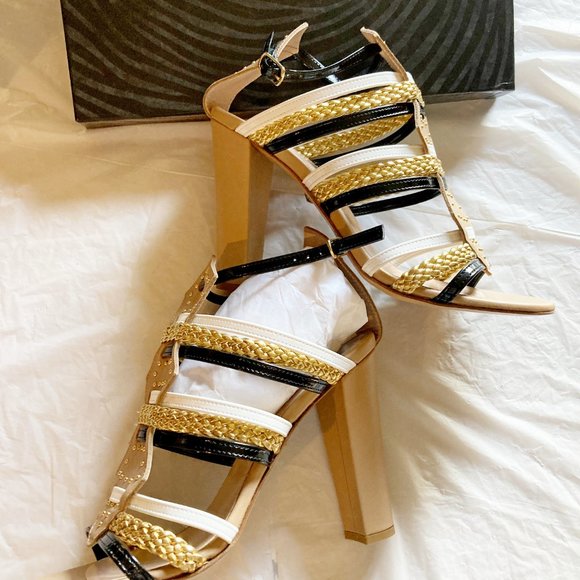 Just Cavalli women's 39 EU gold braided strappy buckle chunky heel sandals - Picture 3 of 7